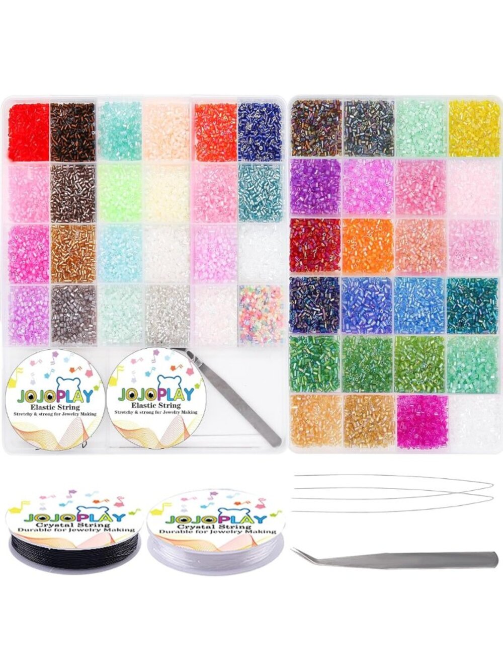 48 Colors 3mm Tube Glass Seed Beads with Elastic String & Tweezers for Jewelry